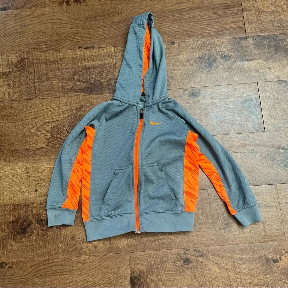 Nike boys full zip jacket coat hoodie hood gray orange pockets Sz 5